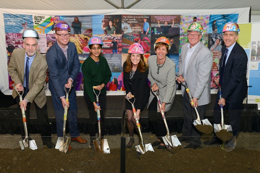 MIT representatives attend a groundbreaking ceremony for a major new graduate student residence hall along Main Street in Kendall Square. Left to right: Peter Cummings, executive director for administration in the Division of Student Life; David Friedrich, senior director of housing operations and renewal in the Division of Student Life; Krithika Ramchander, treasurer of the Graduate Student Counc...
