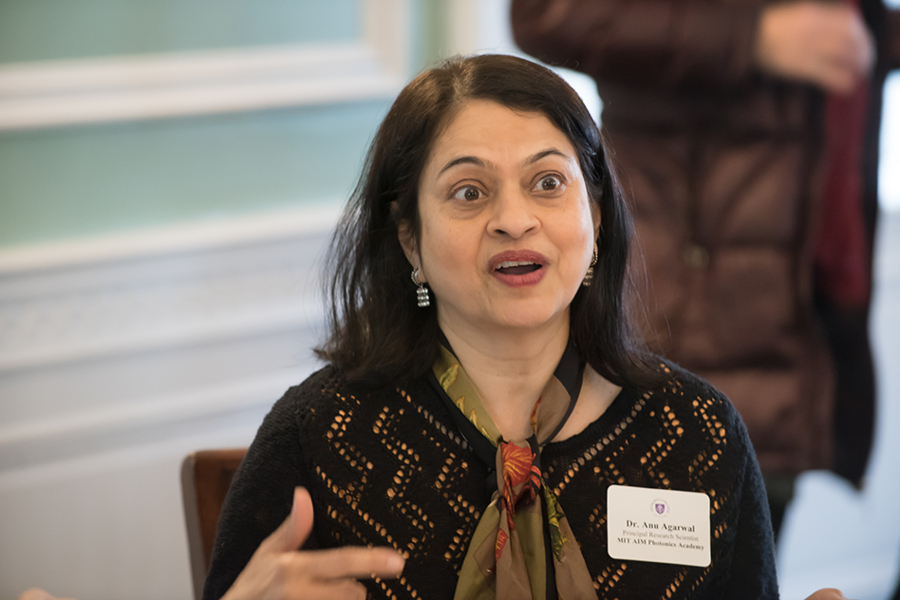 Anu Agarwal, MIT principal research scientist, speaks during an AIM Photonics Academy meeting at Stonehill College in Easton, Massachusetts, on Nov. 14. Stonehill is considering creating a Lab for Education and Application Prototypes (LEAP) in integrated photonics.