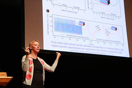 Jennifer Rupp, the Thomas Lord Assistant Professor of Materials Science and Engineering, presents research showing a solid lithium garnet electrolyte can make safer lithium batteries and lead to batteries miniaturized on an integrated circuit chip.