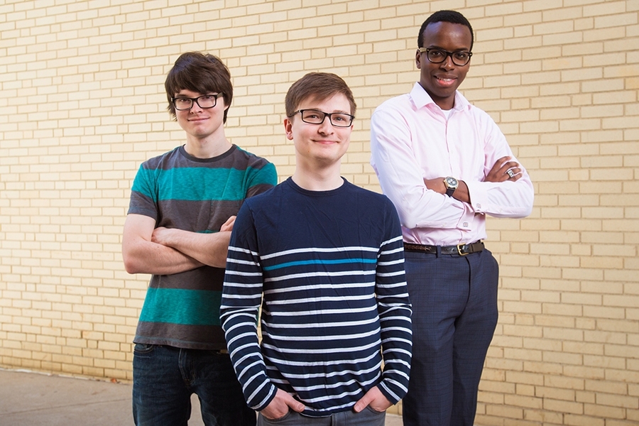 Winning team members in 22.033 include (l-r) Christian Haughwout, a grad student in aeronautics and astronautics; Richard Ibekwe, a senior in mechanical engineering; and Daniel Schumaker, a senior in nuclear science and engineering. 