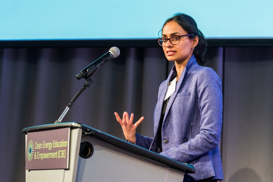 Radhika Khosla, a visiting scientist at the MIT Energy Initiative, spoke on a panel concerning international energy infrastructure developments.