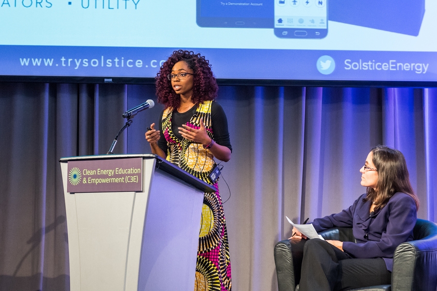 Panelist Ugwem Eneyo, co-founder of Solstice Energy Solutions, spoke on a panel about emerging clean energy technologies.