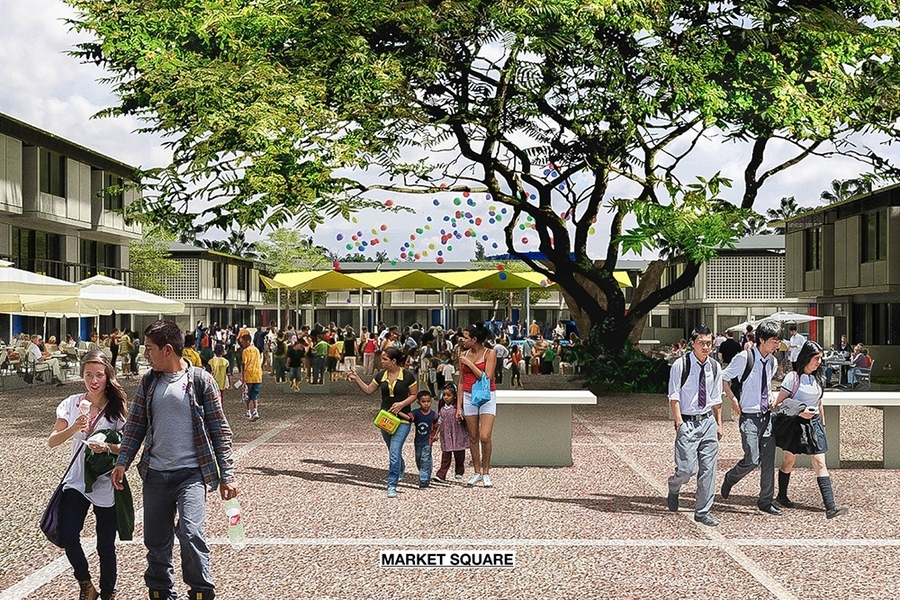 Adèle Naudé Santos and Débora Mesa's plan for low-income housing in Colombia includes a market square within the  proposed live-work neighborhood.