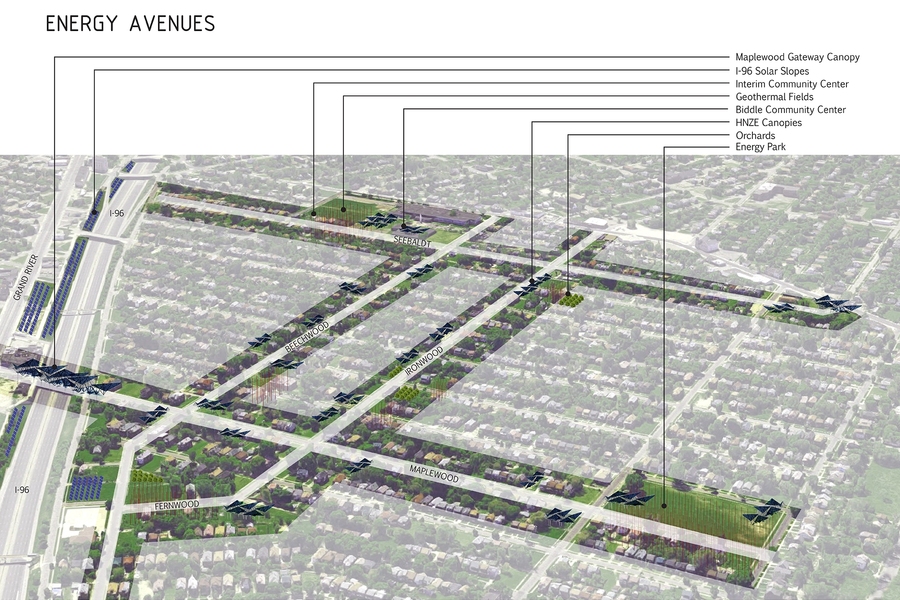 A new neighborhood plan for Detroit is anchored by a community center/kitchen as the epicenter of a collectively owned microgrid. The project reveals and deploys the capacities of 23 acres of publicly owned vacancy concentrated along three streets, or Energy Avenues.