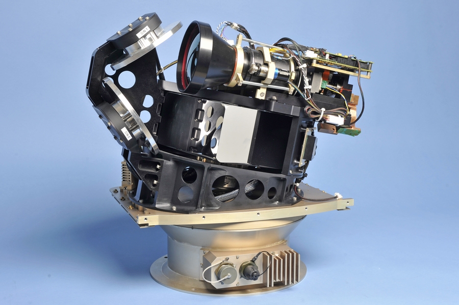 The Wide-Area Infrared System for Persistent Surveillance was named one of the R&D 100 Award winners. This interior view of the system shows its lens and the folding mirrors.