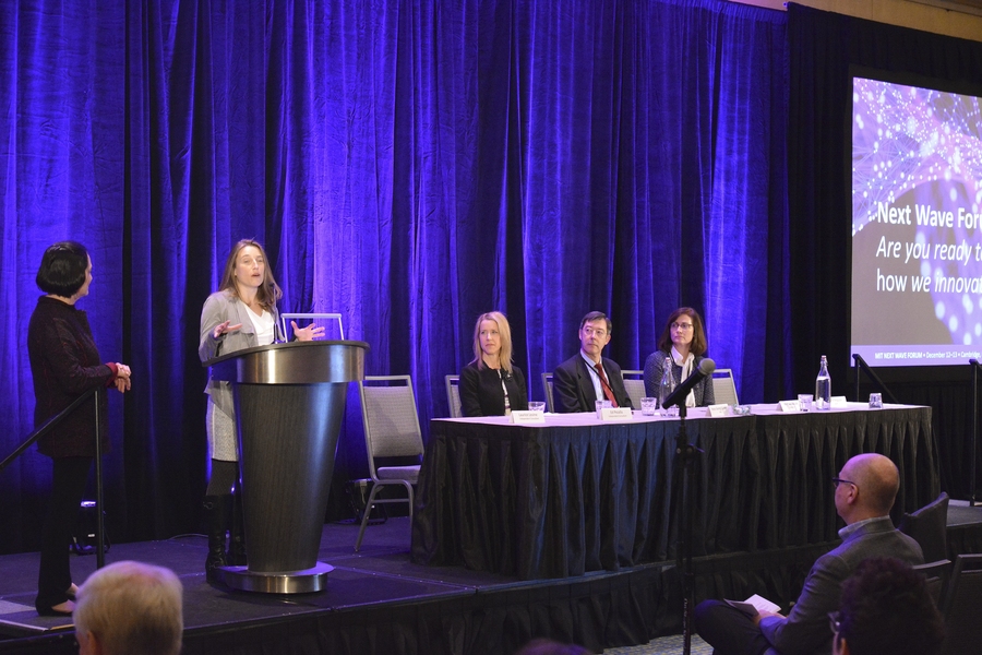 MIT Associate Provost Krystyn, J. Van Vliet joined the NEWDIGS announcement of the LEAPS Project. Also pictured, left to right: Gigi Hirsch, executive director, MIT Center for Biomedical Innovation and NEWDIGS Initiative; Kourtney Davis, global head of real world data and analytics at GlaxoSmithKline; Felipe Dolz, vice president of global regulatory science and policy at Sanofi; and Elizabeth J. C...