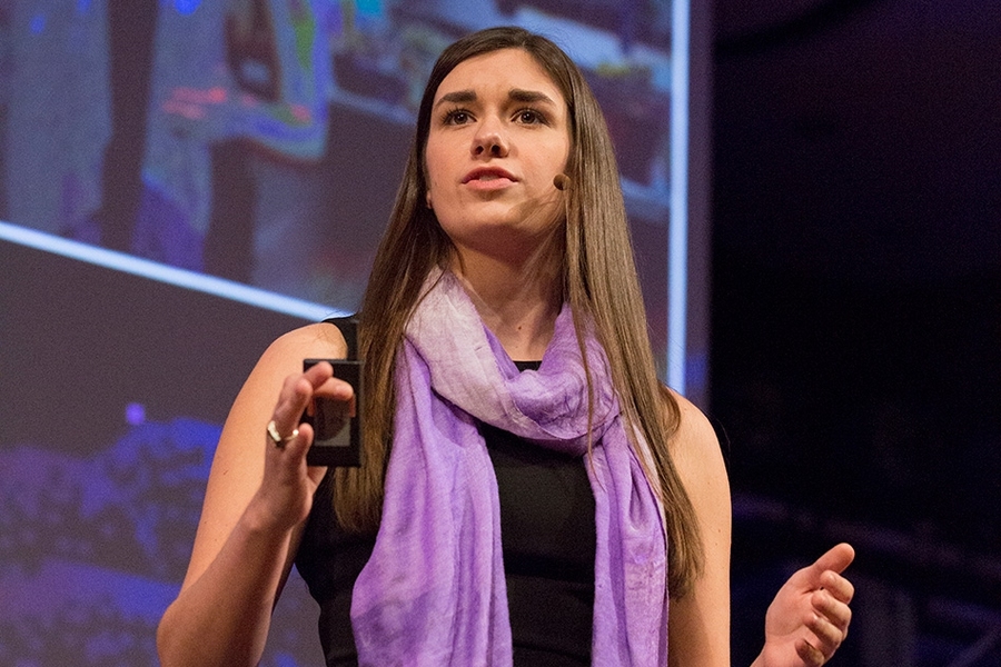 Throughout the event, each student team was given seven minutes to pitch and demonstrate their product. Pictured here, Amelia Bryan from the purple team.