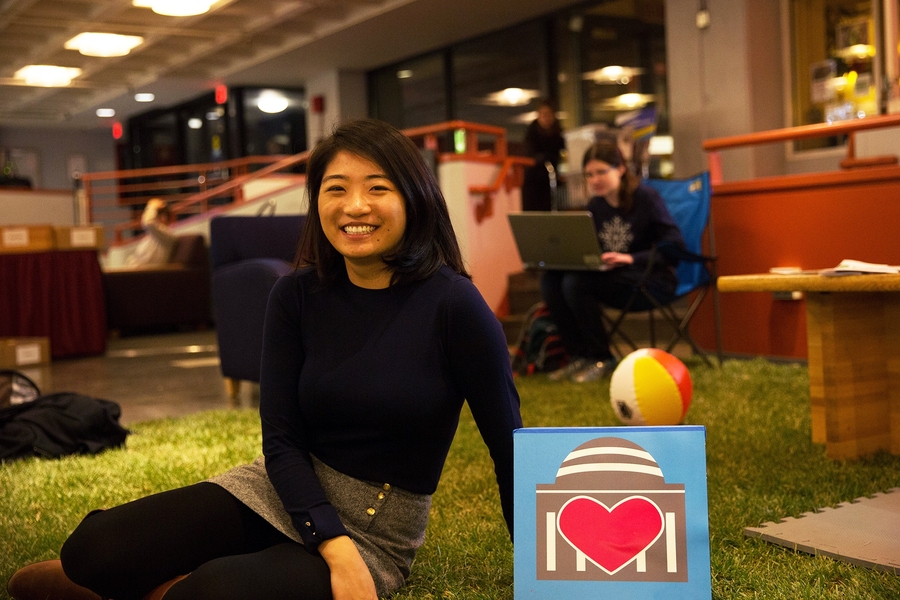 Yifan Lu, a first-year MIT Sloan student, founded the indoor lawn installation at the MIT Student Center.