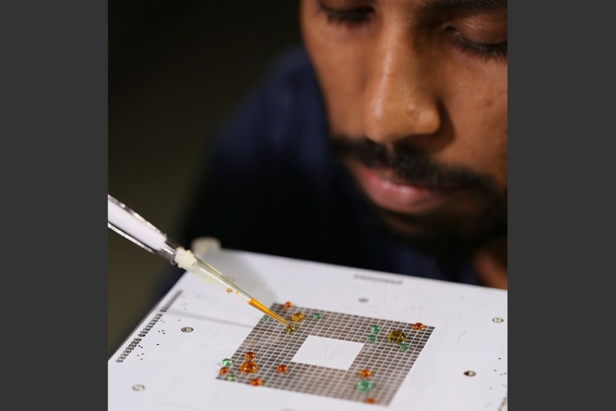 Umapathi placing droplets.