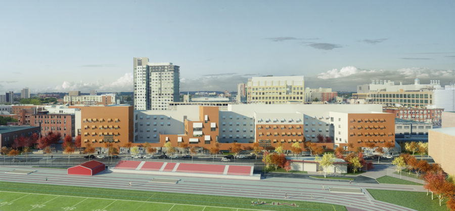 The new residence hall on Vassar Street serves as a reflection of the neighborhood’s character and history, from its industrial-inspired north-facing walls that incorporate the scale and textures of the railway corridor to its south-facing courtyards and green spaces that provide connective pathways to its interior.