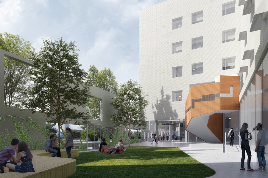 The courtyard on the Vassar Street side of the building offers gathering and activity spaces for residents.