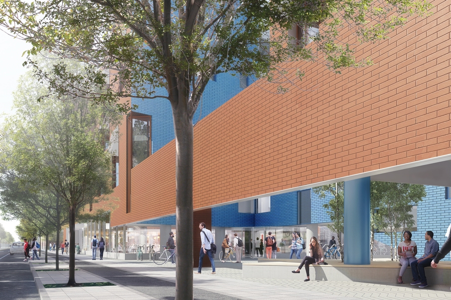 The building’s main entrance will be centered in its first floor and marked by a soaring blue wall on a grand scale. Surrounded by a mostly color-neutral environment of concrete and brick, this embellished wall is intended to draw the eye and invite social convergence.