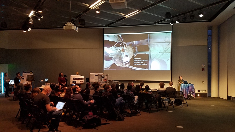 Ariel Ekblaw led the symposium with an overview of the Space Exploration Initiative's goals, a recap of the zero g flight, and a preview of projects in the works.