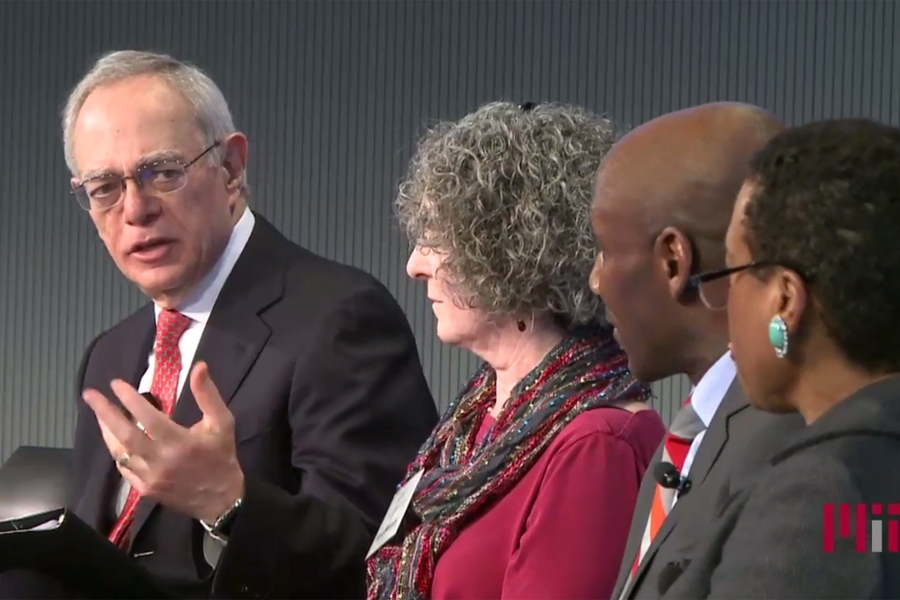 “I believe the work of this class is important to the present — and to the future,” said MIT President L.  Rafael Reif (far left) in his welcome to an audience of about 200 faculty, students, alumni, and livestream viewers. Reif, who initiated the new class, also held a conversation with (from left) Nora Murphy, MIT's archivist for researcher services, Craig Steven Wilder, the Barton L. Well...