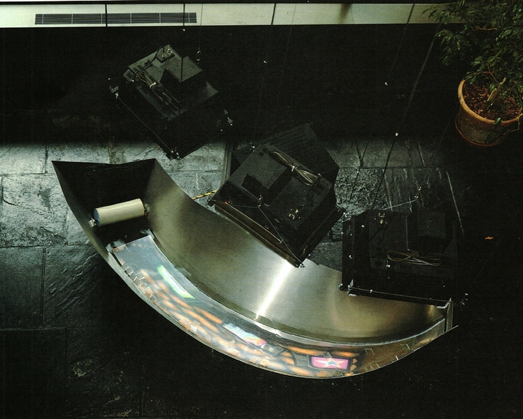 Shigeko Kubota: "River, 1979-81" (Three-channel color video installation with steel trough, mirrors, motor and water, 32:17 minutes)