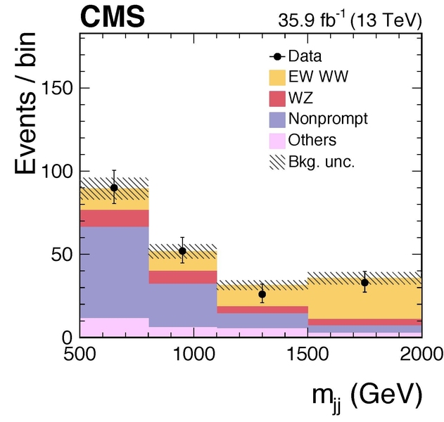 Vector-boson scattering processes are characterized by two high-energetic jets in the forward regions of the detector. The Figure shows a significant excess of events in the distribution of the mass of the two tagging jets in yellow, labelled as EW WW.