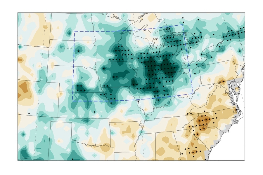 This map shows deviations in precipitation compared to the previous half-century. Areas of increased rainfall are shown in green (with the darkness increasing in proportion to the amount of increase) and areas with decreased rainfall are shown in tan.