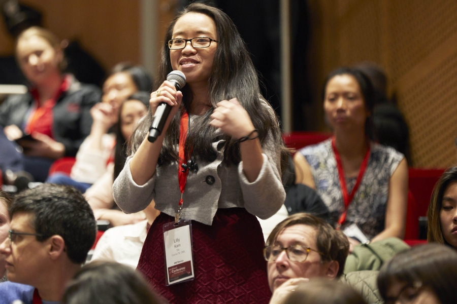 An attendee asks a question at the MIT Women's unConference