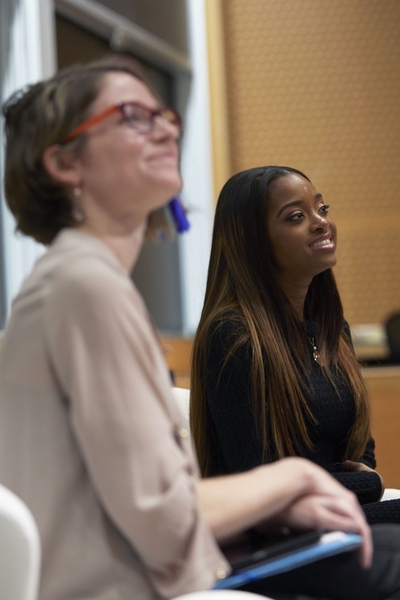 Closing keynote speaker Tamika Mallory (right), activist and Women’s March co-chair, told the audience “we have to be able to build this bridge and bring everyone to the table to make change." Moderated by Catherine D'Ignazio SM '14 (left).