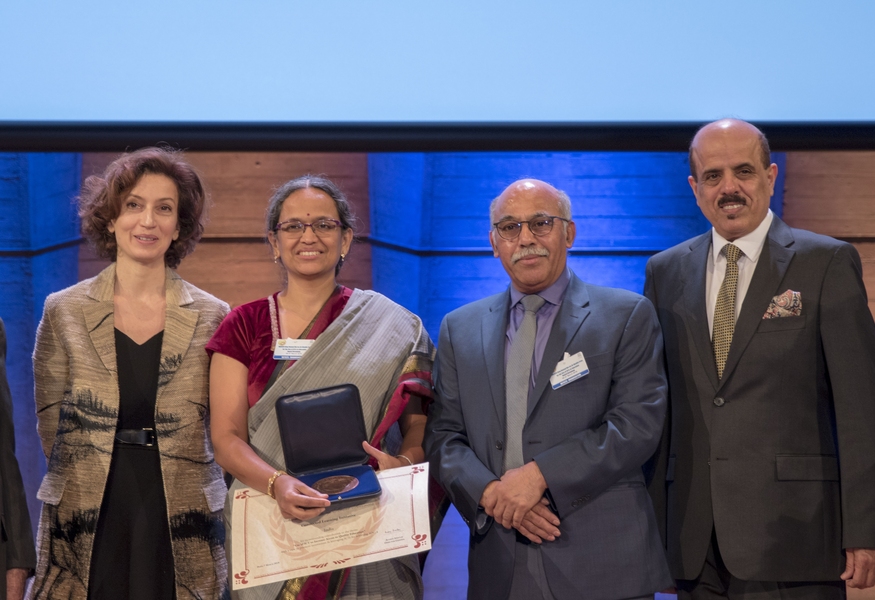 Left to right: Audrey Azoulay, director-general, UNESCO; Professor Padma Sarangapani, chairperson, Center for Education Innovation and Action Research, Tata Institute of Social Sciences; Vijay Kumar, associate dean for open learning and PI of CLIx; and H.E. Majed Bin Ali Al-Noaimi, minister of education of the Kingdom of Bahrain.