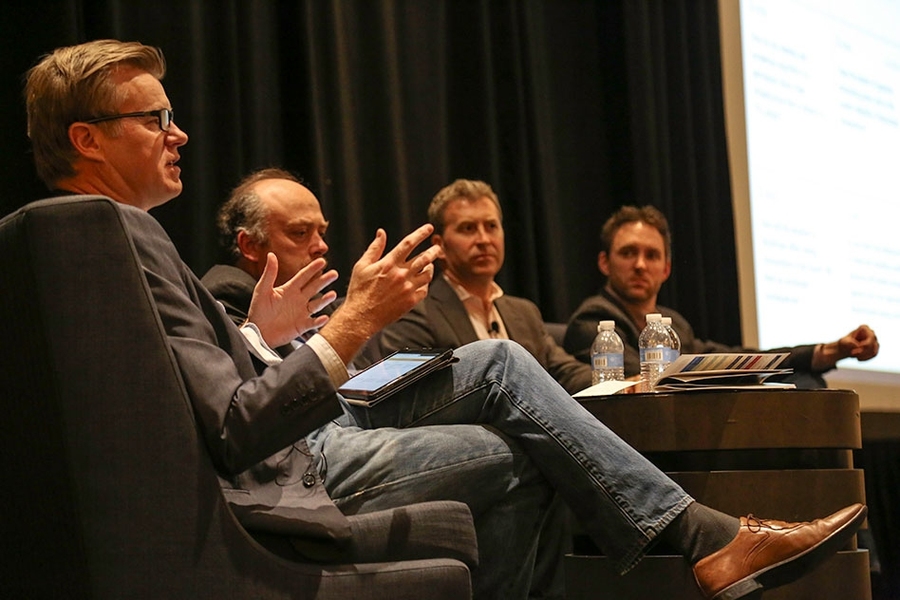 A panel discussion on how blockchain technology can transform energy markets featured (left to right) Michael Casey of MIT's Media Lab, Lawrence Orsini of LO3 Energy, Robert Trinnear of the Energy Authority, and William Bubinicek of ConnectM Technology Solutions.