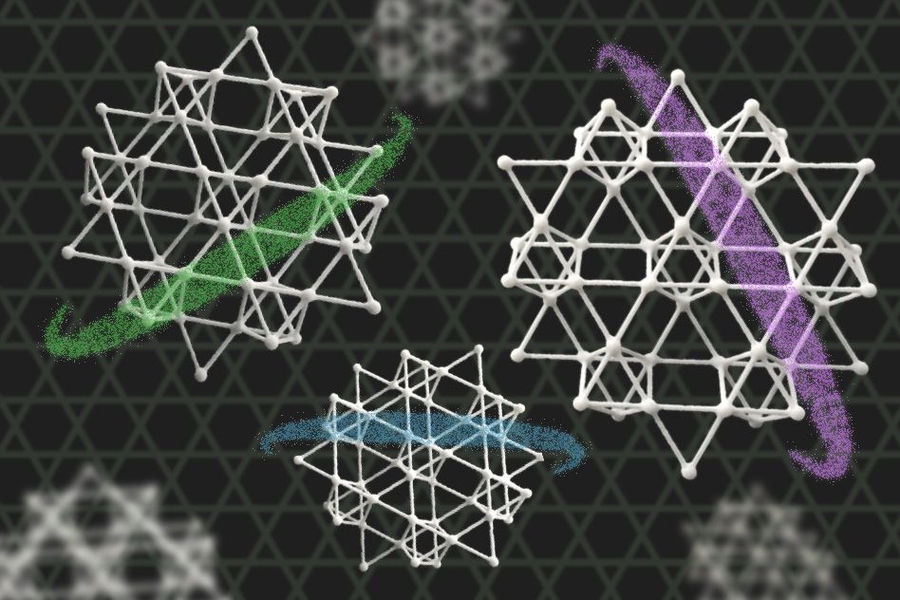 An illustration depicting a kagome metal — an electrically conducting crystal, made from layers of iron and tin atoms, with each atomic layer arranged in the repeating pattern of a kagome lattice.