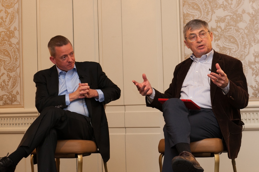 At the sustainability conference, Thomas Kochan, the George Maverick Bunker Professor of Management at MIT Sloan and co-director of the MIT Institute for Work and Employment Research (on right), with labor leader David Rolf, president of SEIU 775, the SEIU Seattle Chapter. 