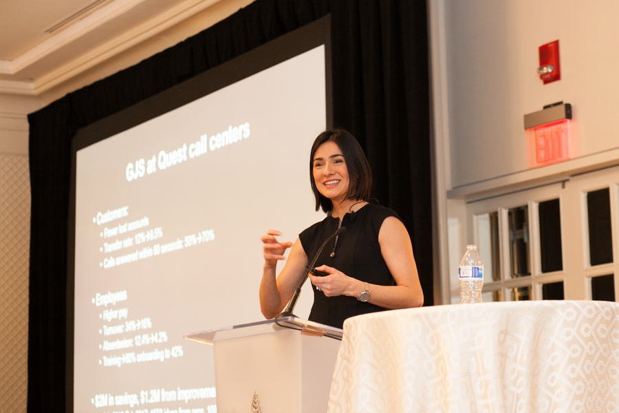 Zeynep Ton, an adjunct associate professor at the MIT Sloan School of Management, speaking at the recent 2018 MIT Sustainability Summit, held March 9.