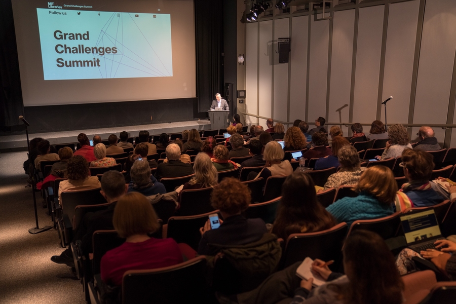 MIT Libraries Director Chris Bourg welcomes attendees to the opening keynote speech of the Grand Challenges Summit.