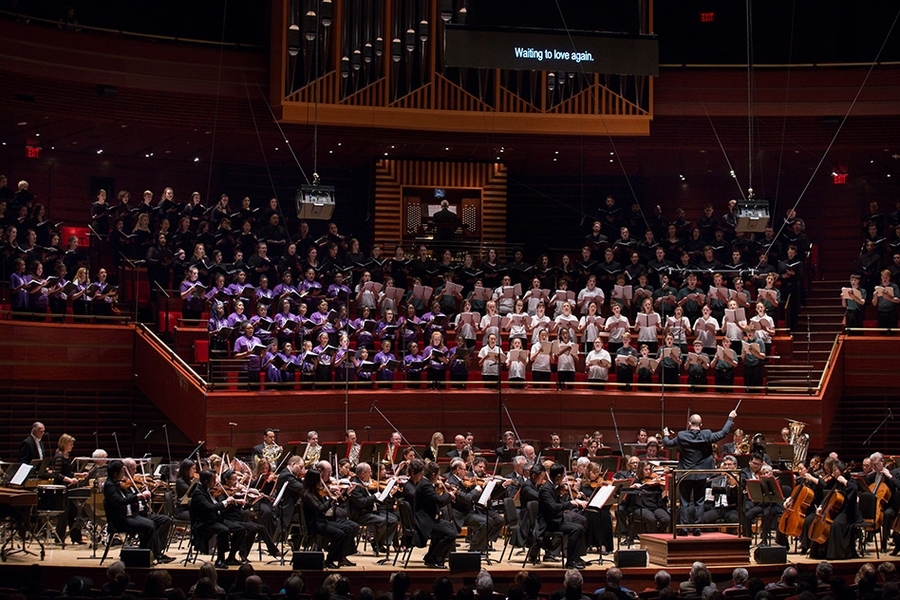 The Philadelphia Orchestra performs MIT composer Tod Machover’s new symphony, “Philadelphia Voices,” along with the Westminster Symphonic Choir, the Pennsylvania Girlchoir, and the Sister Cities Girlchoir, at the Kimmel Center in Philadelphia, on Thursday April, 6, 2018.