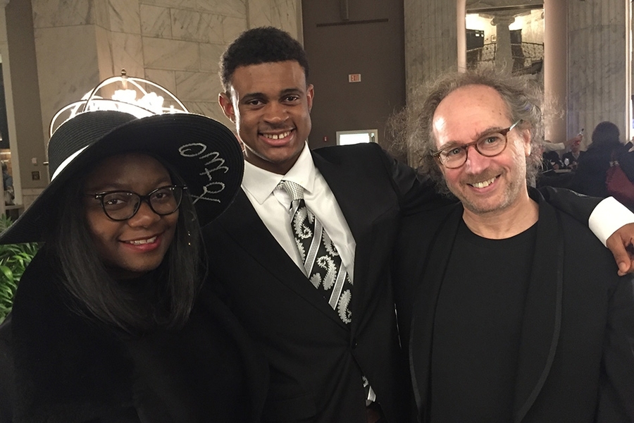 MIT composer Tod Machover along with writers Jayda Hepburn and Cameron Coles, who contributed texts used in the libretto of Machover’s new symphony, “Philadelphia Voices,” which premiered in Philadelphia on April 5, 2018.