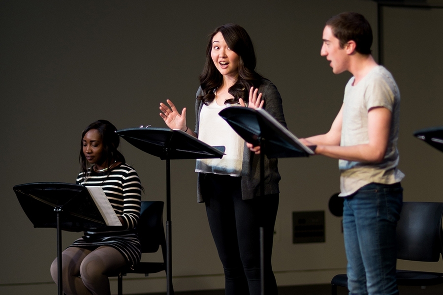 “This is going to be one of my best memories at MIT,” said Rachel Yang, an MIT senior and playwright who recently took part in the MIT Playwrights Lab. Here, professional actors Ayomide Fatunde (left), Jordan Clark (center), and Cody Sloan read through a student's script.