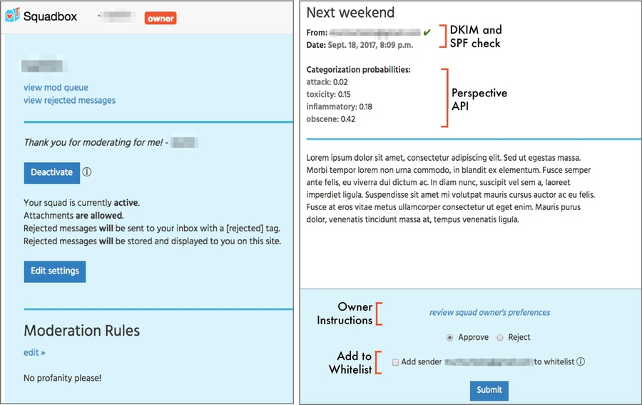 The Squadbox interface allows moderators to add senders to whitelists or blacklists, and to approve or reject messages to be delivered to the user.