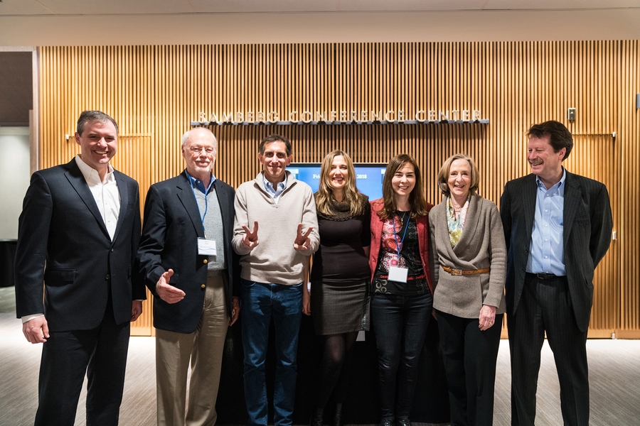Speakers included (l-r) Jay Bradner, president of the Novartis Institute for BioMedical Research; Phillip Sharp, MIT Institute Professor; Andrew Plump, chief medical and scientific officer of Takeda; summit organizers and faculty members Regina Barzilay and Dina Katabi from the MIT Department of Electrical Engineering and Computer Science; MIT President Emerita Susan Hockfield; and Robert Califf, ...