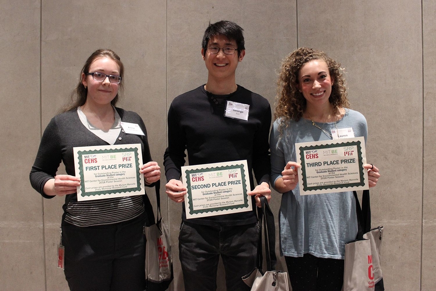 Left to right: Center for Environmental Health Sciences poster winners in the graduate student category included Anna Ponomarenko (1st place), George Sun (2nd place), and Lauren Stopfer (3rd place).
