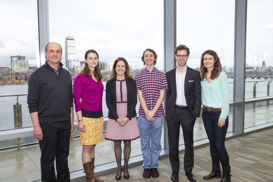 2018 Change Makers Honorees (left to right): Professor Timothy Jamison, head of the Department of Chemistry; Michelle Macleod; Chancellor Cynthia Barnhart; Nolan O'Brien; David Dellal; and Molly Bird.