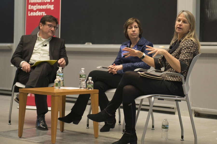 Left to right: David Niño, senior lecturer in the MIT Gordon Engineering Leadership Program, moderated a discussion on March 15 with Ellen Ochoa (center), former astronaut and current director of NASA's Johnson Space Center, and MIT Professor Dava Newman, former NASA deputy administrator, about their experiences as leaders with the U.S. space agency.
