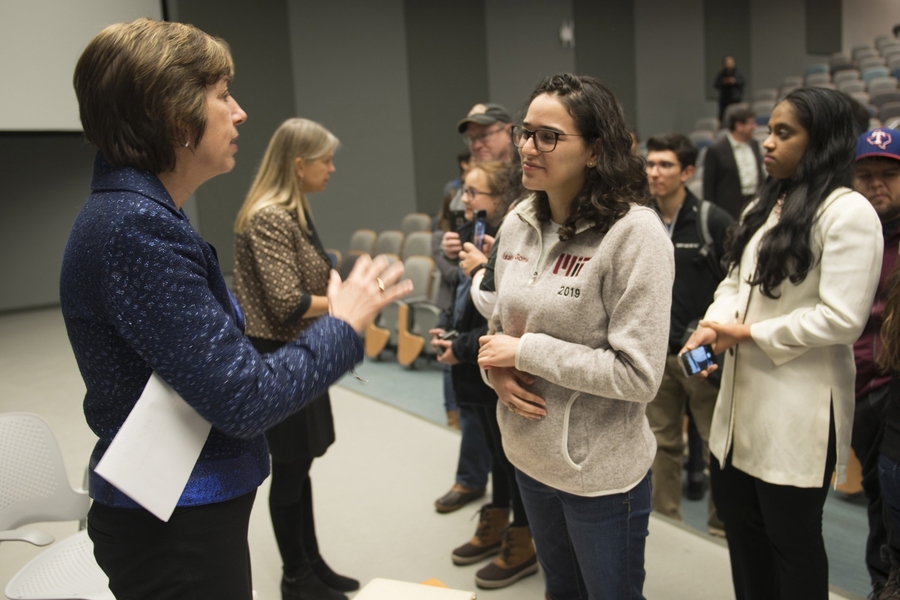 Ellen Ochoa (far left) and Dava Newman (left) speak with students and guests after their March 15 symposium, "Leading Human Space Exploration," sponsored by the MIT Gordon Engineering Leadership Program and Department of Aeronautics and Astronautics.