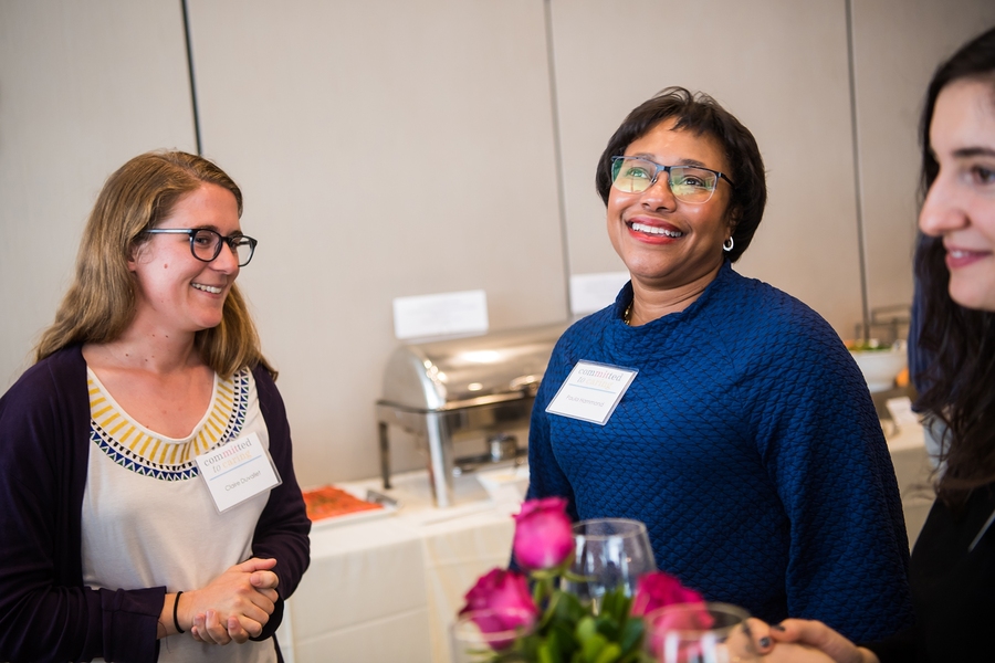 Selection committee member and graduate student Claire Duvallet (left) with honoree Paula Hammond