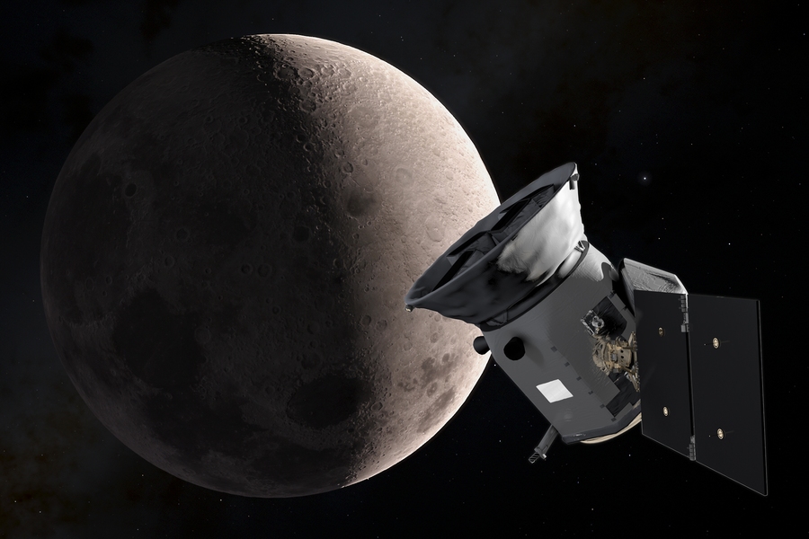 An artist’s illustration of TESS as it passed the moon during its lunar flyby. This provided a gravitational boost that placed TESS on course for its final working orbit.