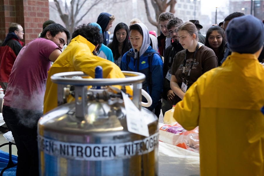 Admitted students lined up to sample the 15 flavors of liquid nitrogen ice cream made on the spot by residents of East Campus at Campus Preview Weekend 2018.