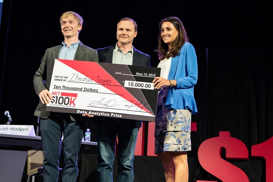 A $10,000 Booz Allen Hamilton Data Analytics Prize went to Iterative Scopes, which is developing technology that uses computer vision and machine learning for real-time detection of lesions in the gastrointestinal tract that may indicate colon cancer. Pictured here are the two team members, Christian Ulstrup (left) and Karina Akib (right).