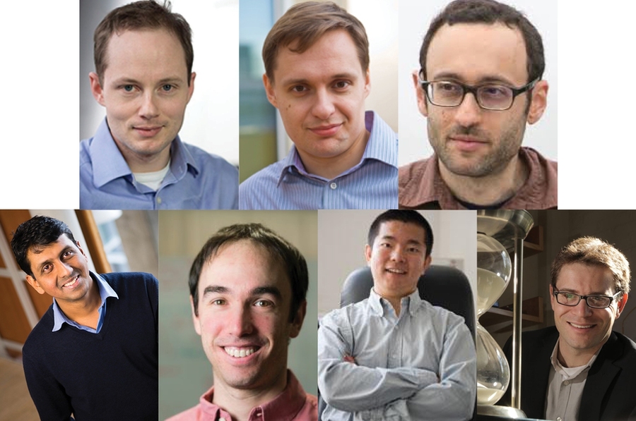 The MIT School of Engineering newly tenured faculty are: (clockwise from top left) Dirk Englund, Yury Polyanskiy, Adam Chlipala, Kenneth Kamrin, Qiqi Wang, David Sontag, and Vinod Vaikuntanathan.