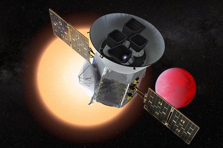 An artist concept depicts TESS in front of a lava planet orbiting its host star. 