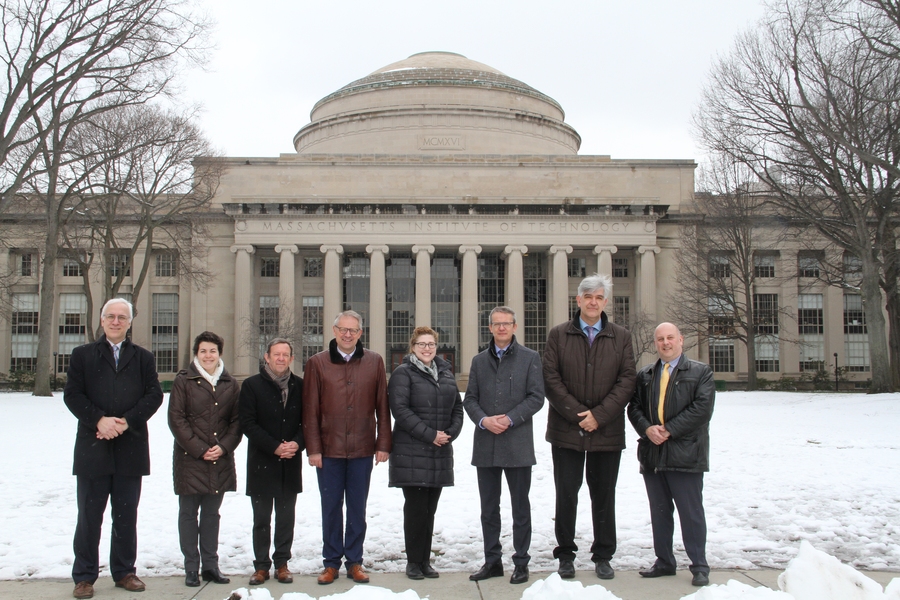 Visitors from Belgium pose with the MIT-Belgium staff members in front of MIT’s Great Dome.