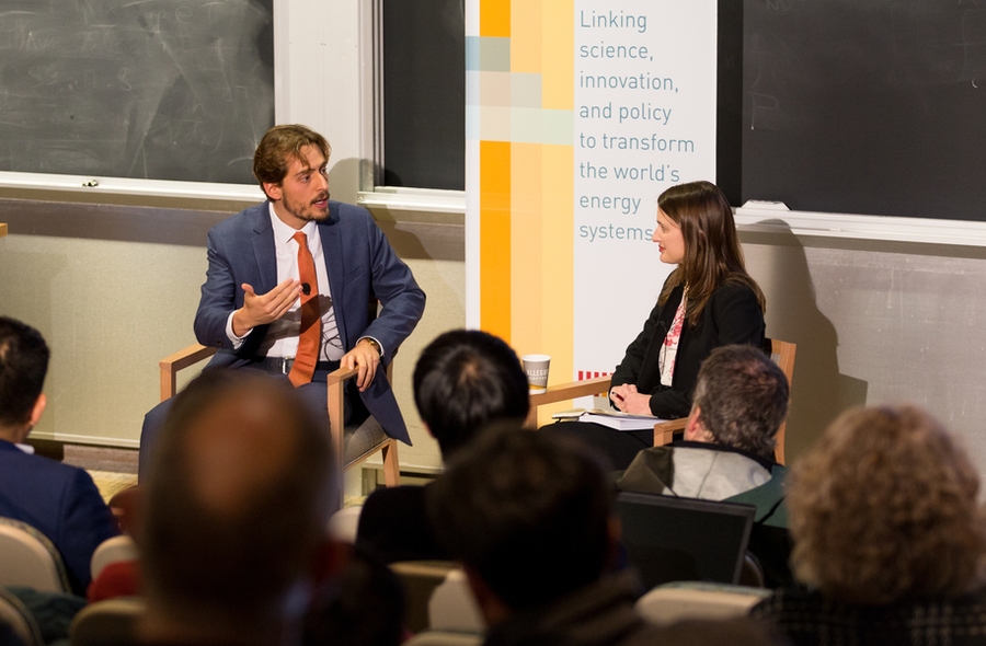 Bruno Verdini discusses strategies for natural resources negotiation with MIT Energy Initiative Communications Director Emily Dahl at a MITEI seminar.