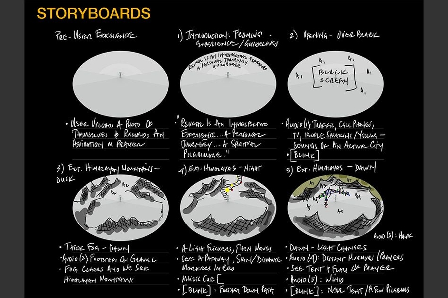 A storyboard for “Reveal," a CGI world-exploring VR experience that invites users to a metaphorical pilgrimage to reveal the quest to find one’s place in the world. Student maker team: Victoria Bousis, Danny Gelman, and Parker Greene. Produced in CMS.339, spring 2018. 