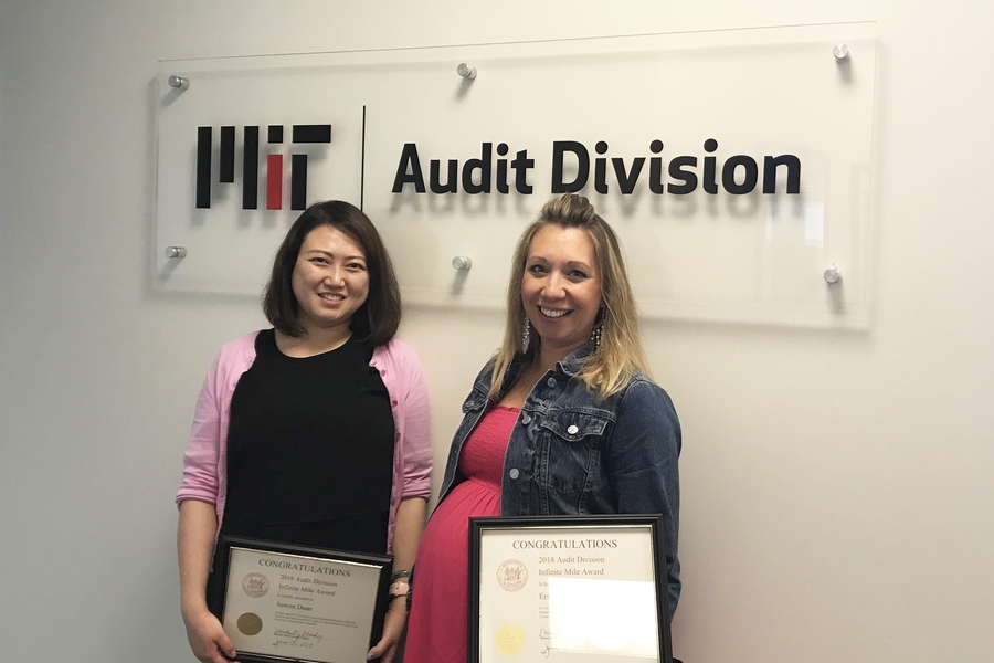 Suwen Duan (left) and Erin Coates received Infinite Mile Awards for their contributions to the MIT Audit Division.