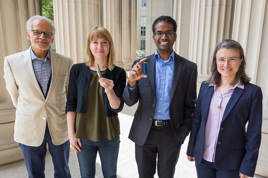 Left to right: Seed Fund awardees Ahmed Ghoniem, Betar Gallant, Karthish Manthiram, and Bilge Yildiz. Gallant holds a type of battery used in her research to test cycling of calcium electrodes. She is exploring calcium as a potentially safer, less expensive alternative to lithium-based batteries. Manthiram holds a vial of synthesized ammonia. His research focuses on storing electrical energy by fi...