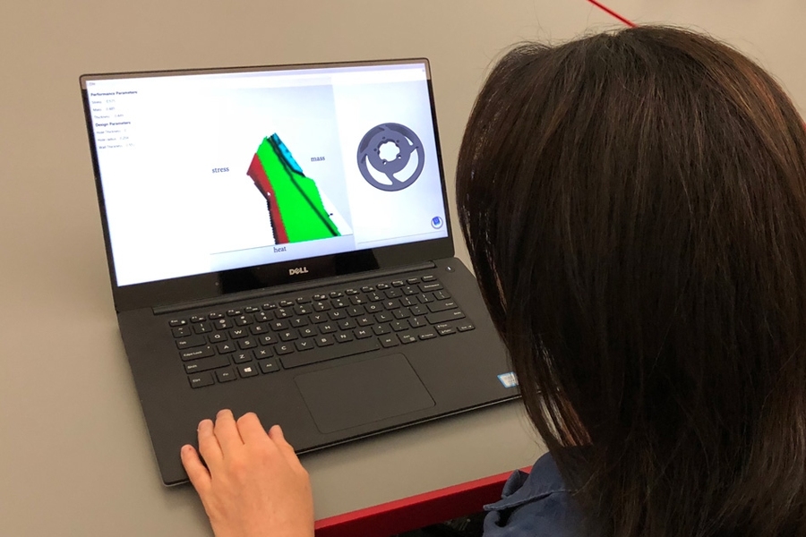 The tool calculates optimal designs for three performance objectives in a precomputation step. It then maps all designs as color-coded patches on a triangular graph. Users move a cursor around the patches to prioritize one performance objective or another. As the cursor moves, 3-D designs appear that are optimized for that exact spot on the graph.
